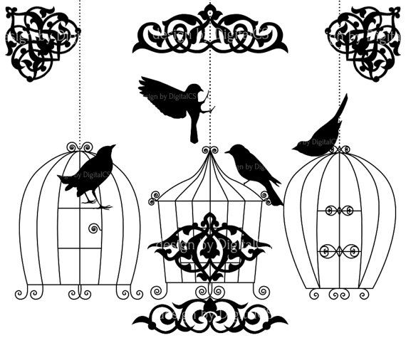 Bird clipart Clip art bird cage Bird silhouette Wedding clipart birdc…