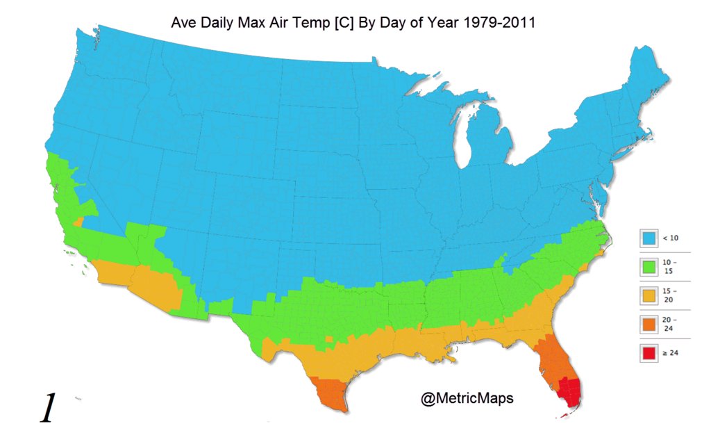 The Land Of Maps - [OC] 366 days of ave max air temp [day of year ...