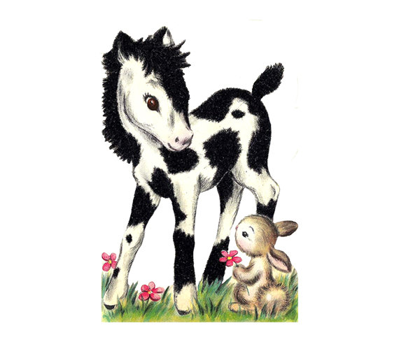 Vintage Birthday Card Black and White Pony Bunny by 641Digital