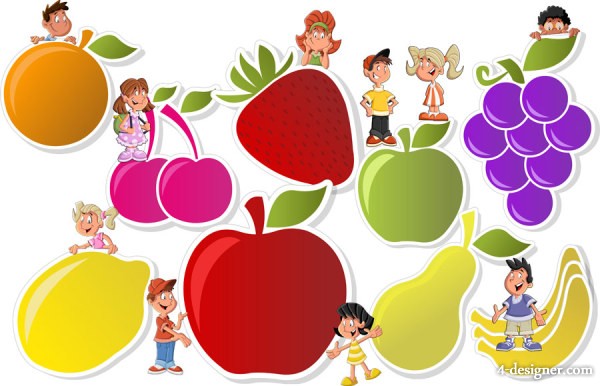 4-Designer | Cartoon fruit stickers vector material