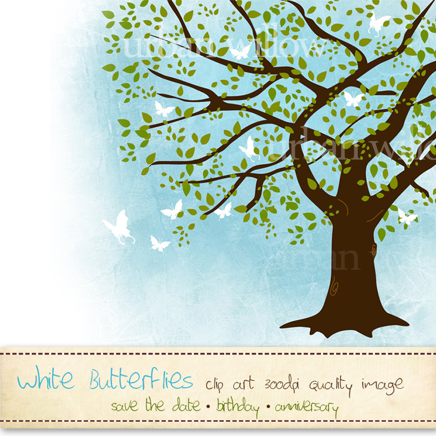WHITE BUTTERFLIES. Oak Tree clip art image with by urbanwillow