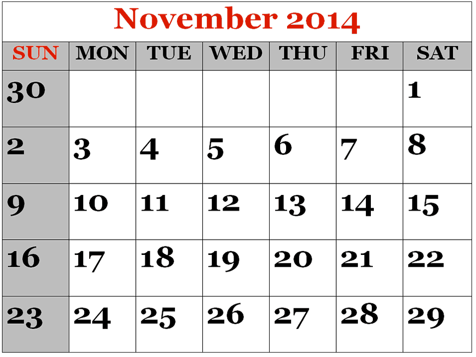 November Calendar 2014 Printable | Happy Holidays 2014