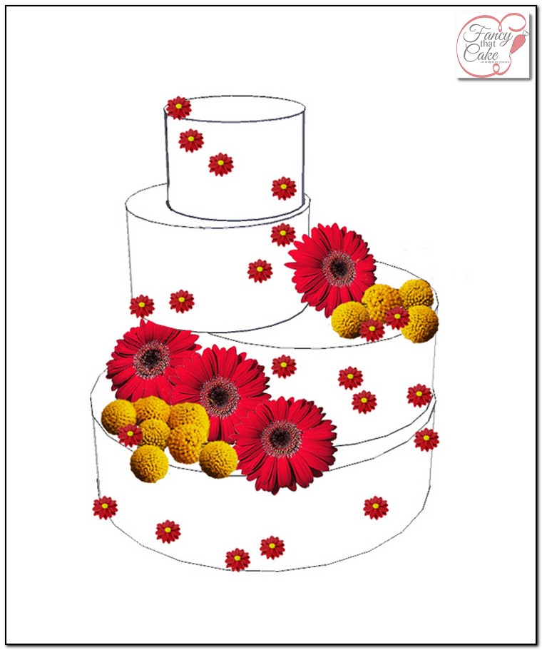 Red Gerbera Daisies and Yellow Billy Balls Wedding Cake - Fancy ...
