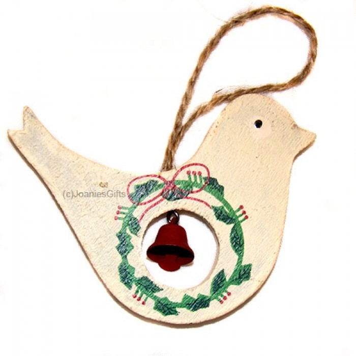 Heaven Sends- Wooden Cream Bird with holly Christmas Decoration