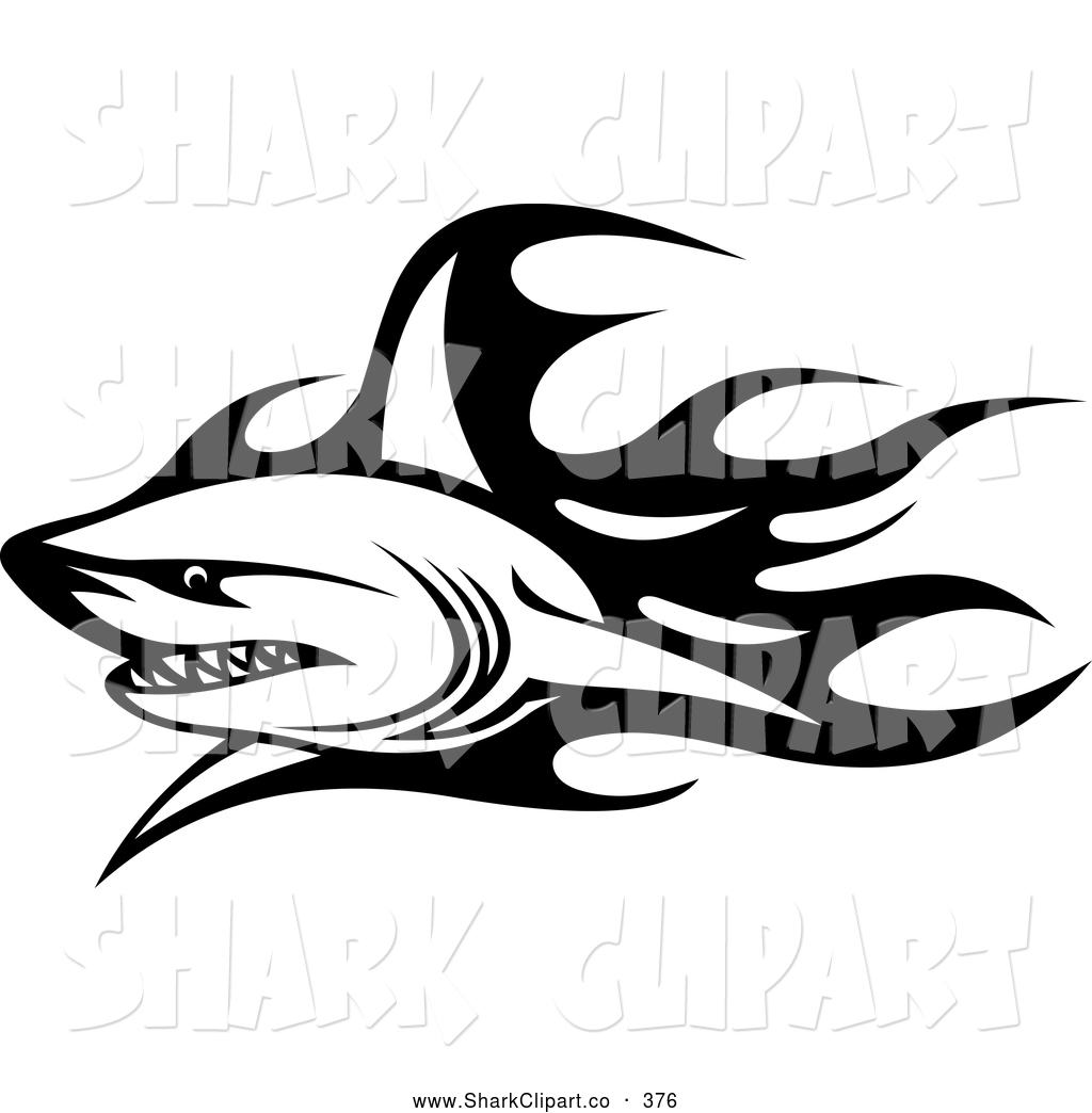 Clip Art of a Black and White Tribal Shark and Flames Tattoo ...