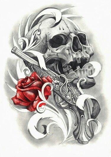 Red Rose Pistol And Skull Tattoo Designs | Tattoobite.com