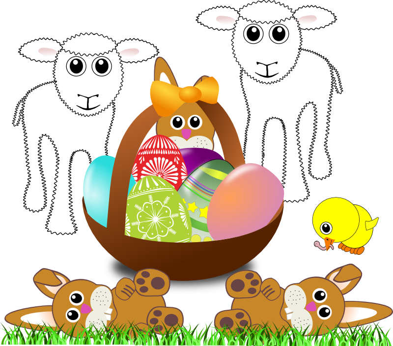 Clipart - Funny lambs, bunnies and chick with Easter eggs in a basket