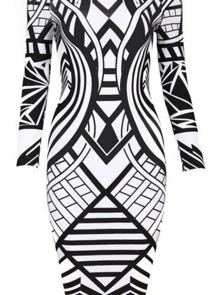 Kemala" Black & White Tribal Aztec Bandage Bodycon Pencil D