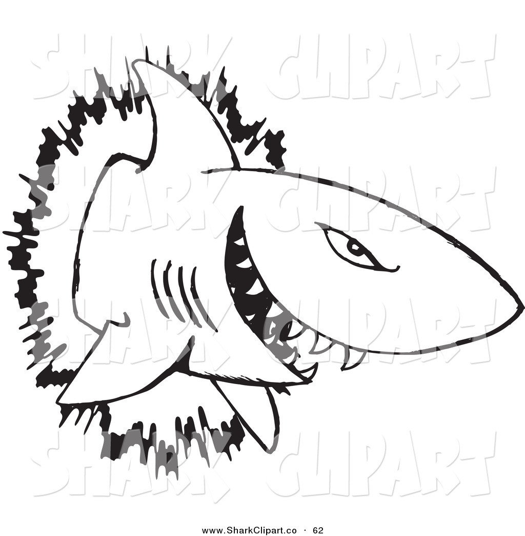 Clip Art of a Black and White Outline of a Shark Bursting Through ...
