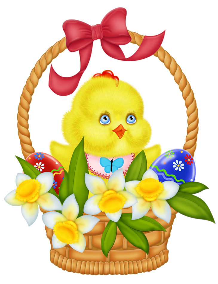 Easter Basket with Eggs Chicken and Daffodils PNG Picture