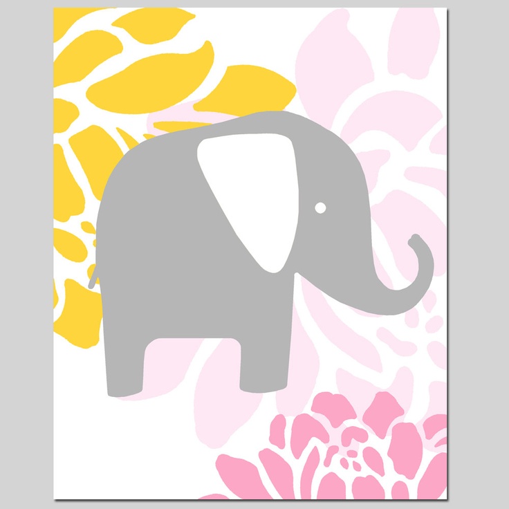 Modern 8x10 Floral Elephant Print - Yellow, Pink, Gray, White - Nurse…