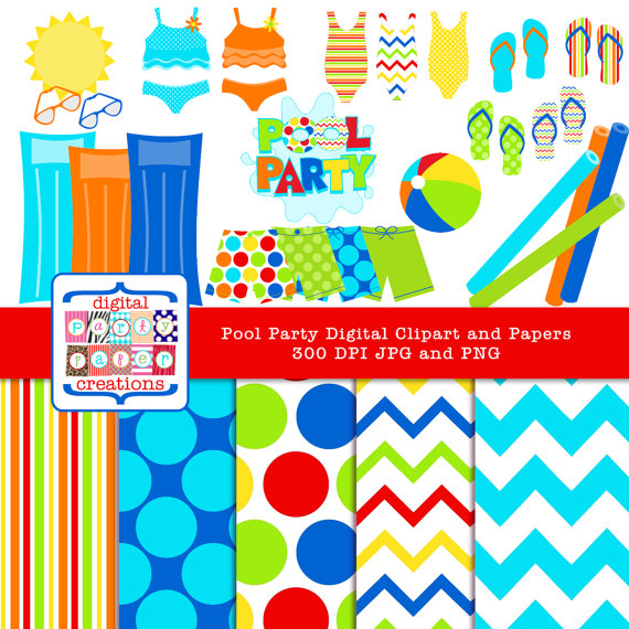 Pool Toys Swimsuit Summer Clipart Digital by partypapercreations
