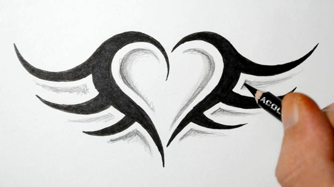 How to Draw a Simple Tribal Heart Tattoo with Wings - YouTube