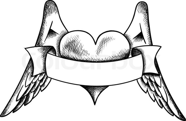 Angel Wings with banner Drawing | Heart with Wings Drawings ...