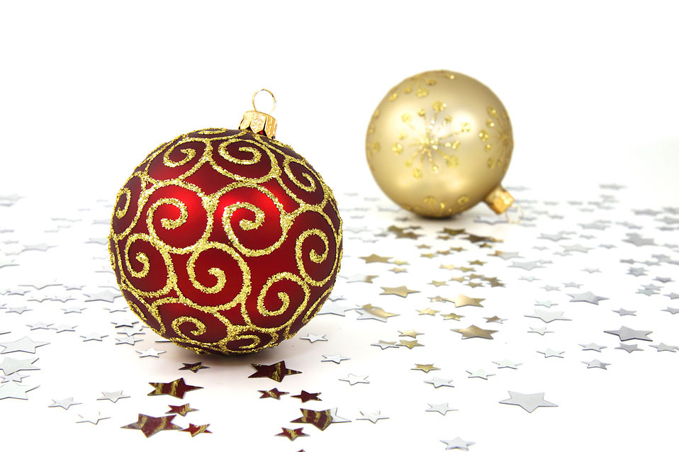 Free Stock Photos | Red and gold Christmas ornaments on a white ...