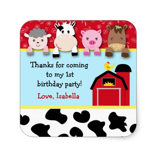 Barnyard animals Birthday Party favor labels Square Stickers | Zazzle