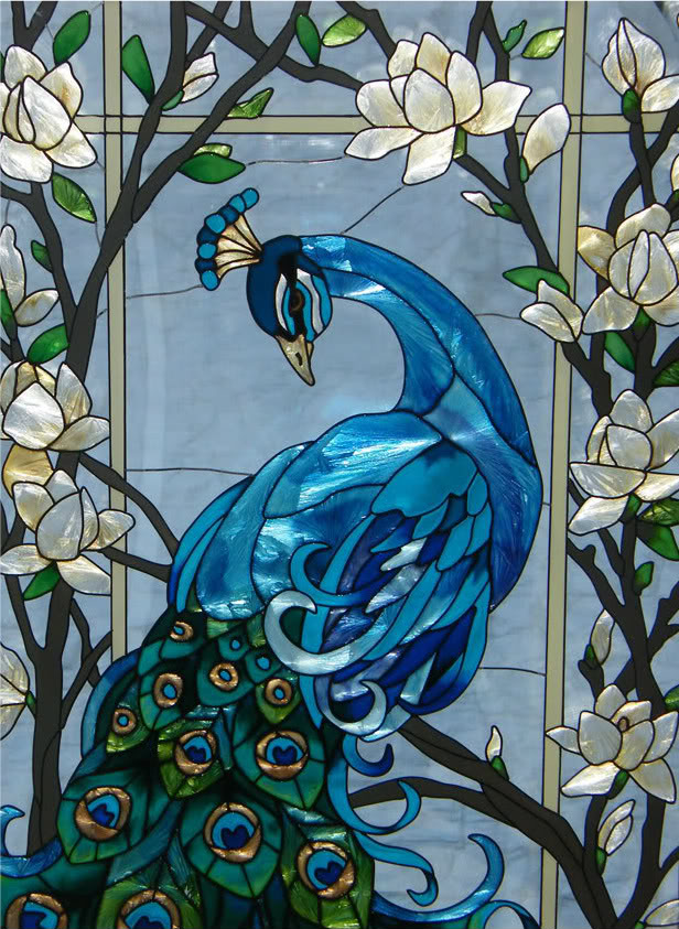 Spectacular Peacock Magnolias Lotus Flower 17x37 Art Glass Window ...