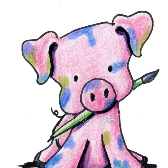 Matted Original Art Pink PIG Drawing Paintbrush Piglet by KiniArt