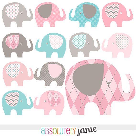 Pink Grey Teal Blue Baby Elephant Digital Clipart - Girly Clip Art
