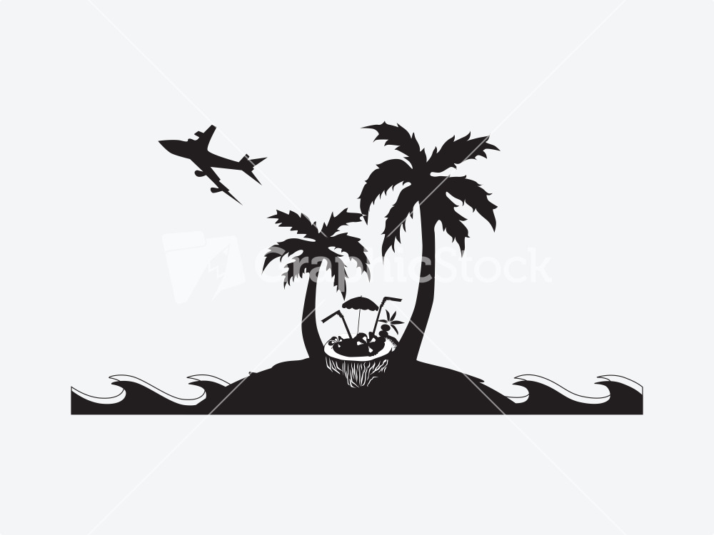 Silhouette Palm Trees With Lounge Chairs And Parasol On The Beach ...