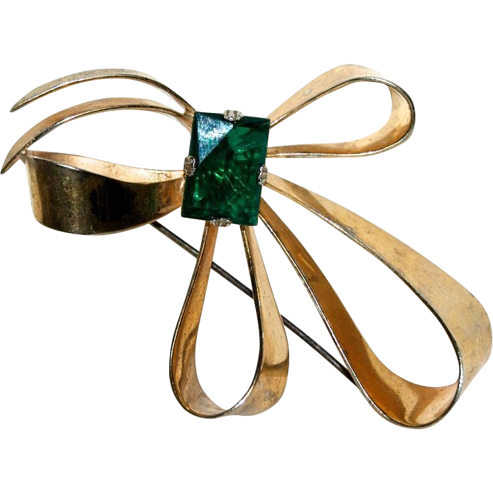 Sterling Silver Bow Brooch w/ Green Glass Stone from hillandhill ...