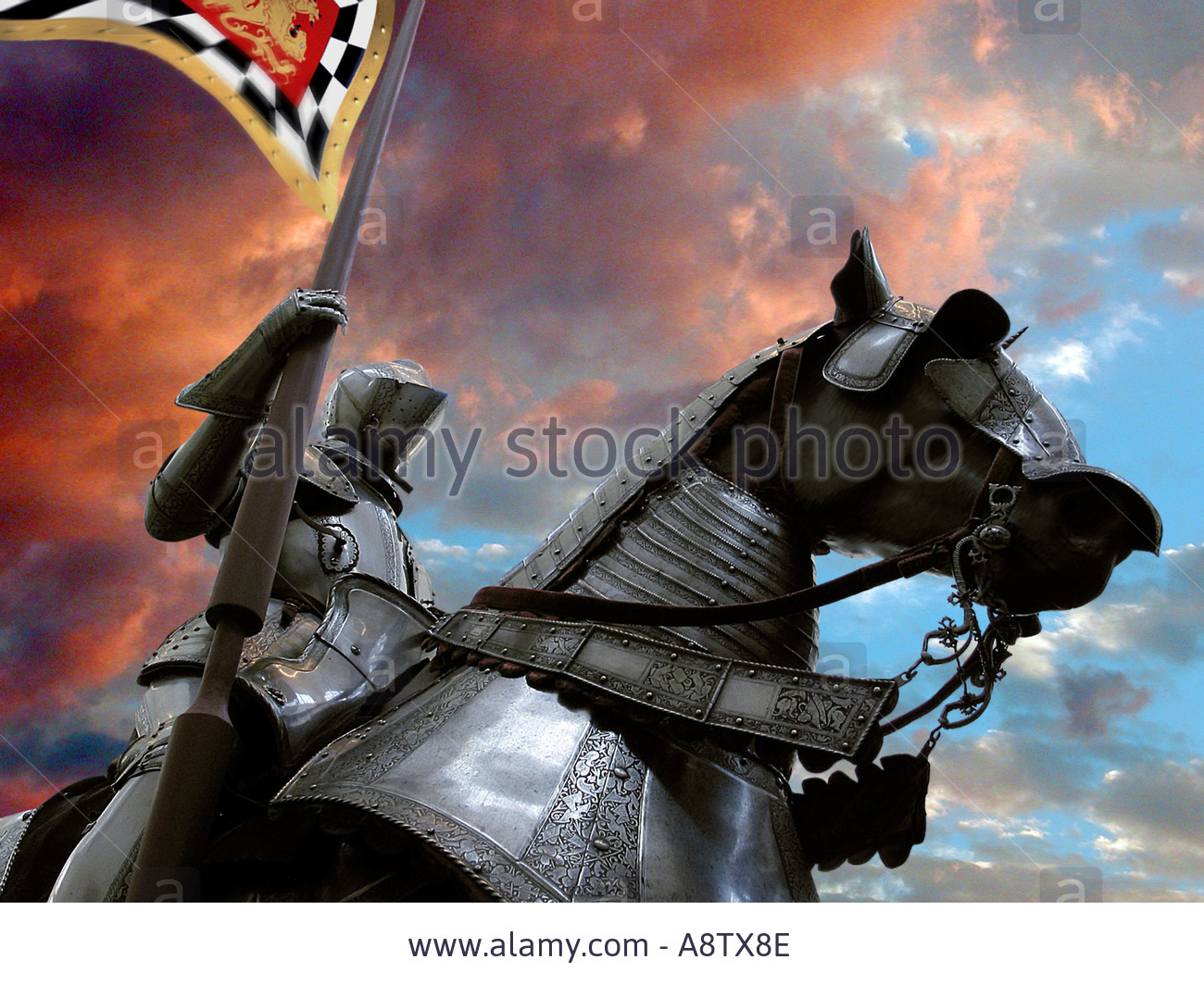 A Knight In Shining Armor On His Black Armored Horse Holding A ...