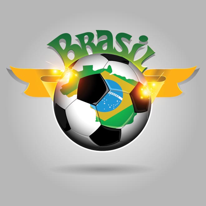 Brazil flag over soccer with Typography on grey background vector ...