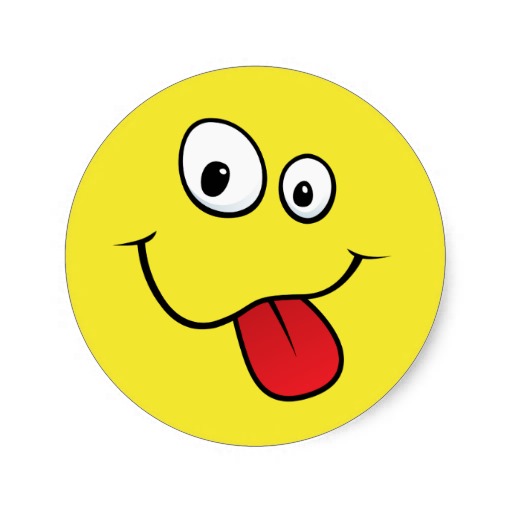 Funny goofy smiley sticking out his tongue, yellow round sticker ...