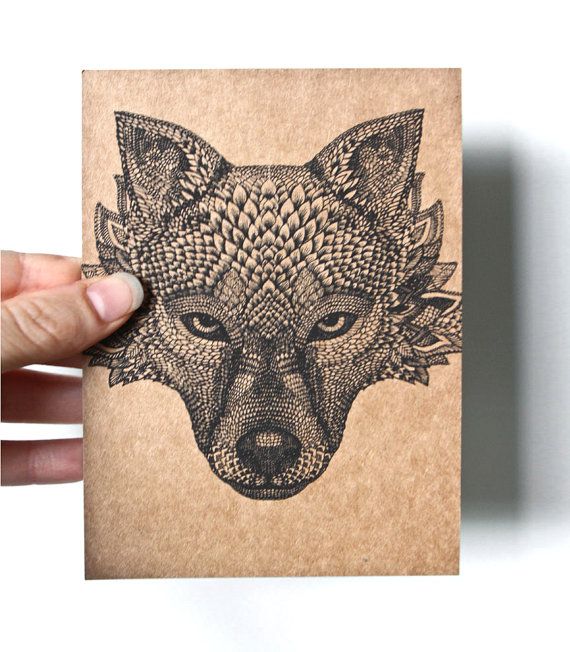 Original Art Postcard, detailed hand drawing of a Wolf head, black ...