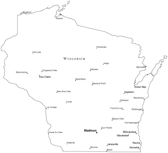Wisconsin Black & White Outline Map with Capital and Major Cities ...