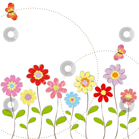 Springtime colorful flowers with butterfly greeting card stock vector