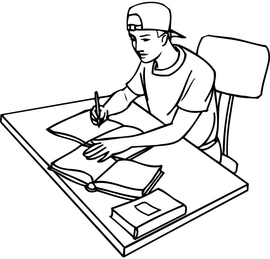 printable outline of a student studying with books - Coloring ...