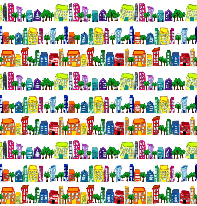Seamless pattern of colorful crooked cartoon buildings on white ...