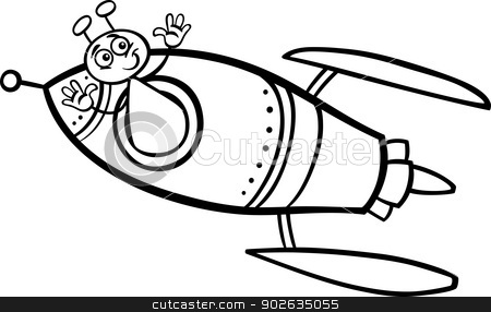 alien in rocket cartoon coloring page stock vector