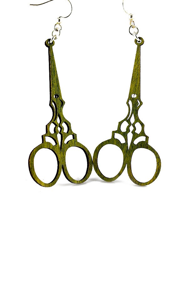 Green Tree Jewelry Wooden Seamstress Scissors Earrings