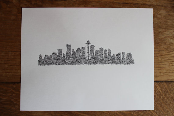 Custom Listing Seattle Skyline Silhouette Drawing by paperwhales