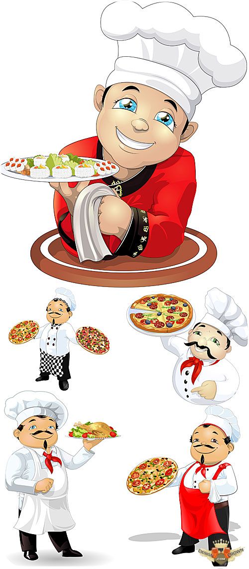 Cook, pizza, sushi, chicken - vector