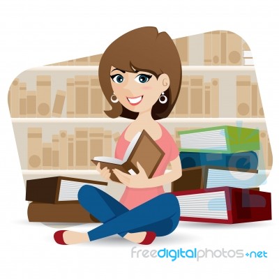 Cartoon Cute Girl Reading Book In Library Stock Image - Royalty ...