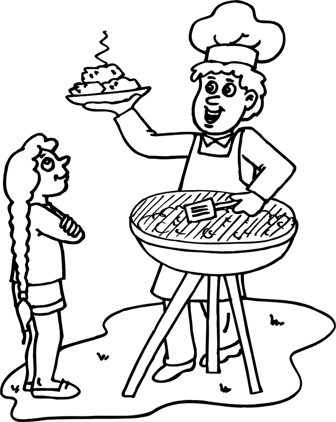 BBQ Coloring Page | Girl Watching Dad Barbecue