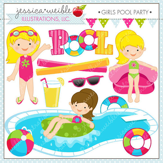 Girls Pool Party Cute Clipart Pool Party Clip by JWIllustrations