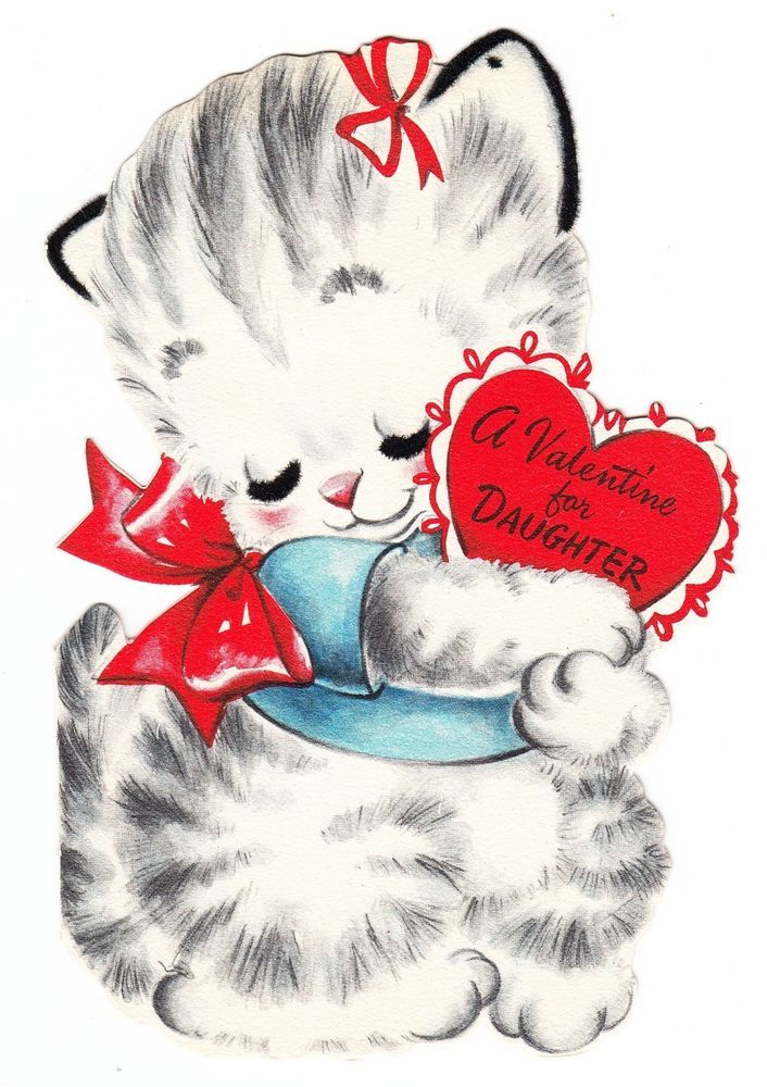 Vintage Die Cut Kitty Hugging Heart Hallmark Valentine Greeting Card ...