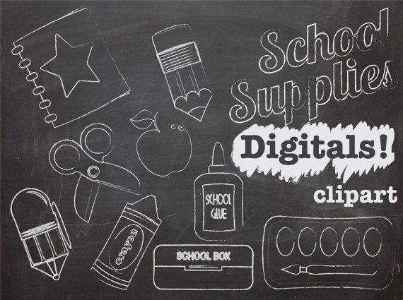 Chalk Clip art School Supplies, INSTANT DOWNLOAD, chalk graphics ...