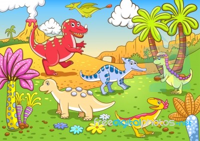Cute Dinosaurs In Prehistoric Scene Stock Image - Royalty Free ...