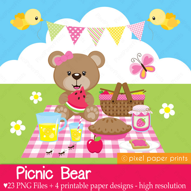 Picnic Bear Digital Clipart and Digital by pixelpaperprints