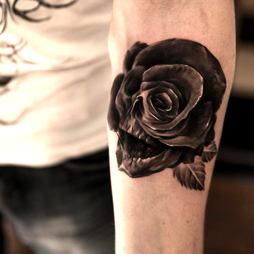 Tattoo done by Niki Norberg. Black and white skull and rose ...