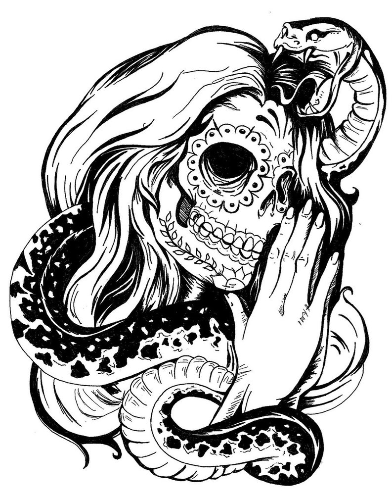Snake And Girl Sugar Skull Tattoo Design